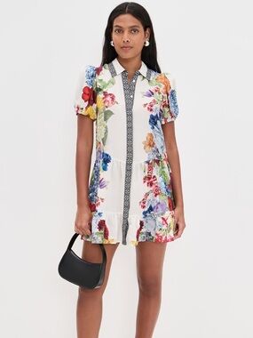 Alice + Olivia Claire Floral Mini Dress Puff Sleeve Shift Size Small NWOT